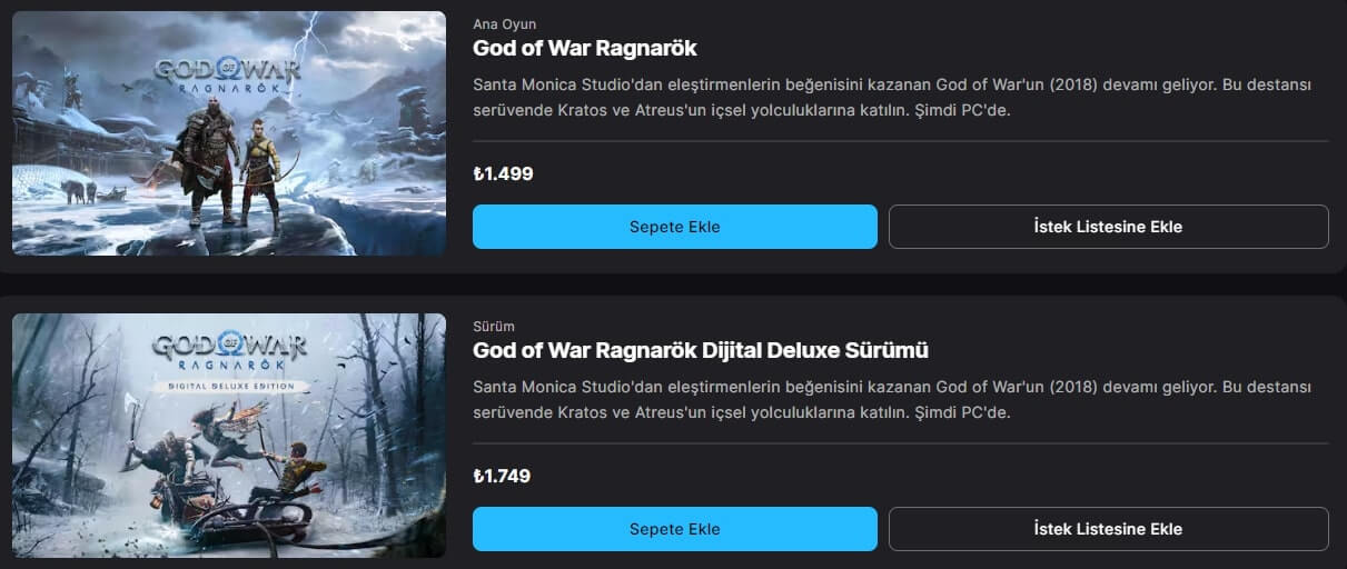 god of war ragnarok pc fiyat