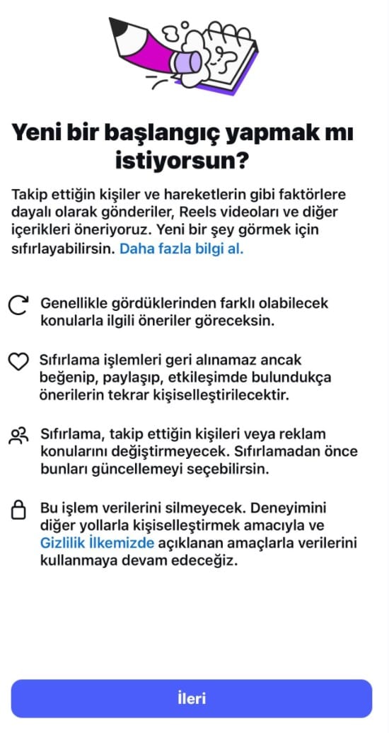 Instagram keşfet sıfırlama