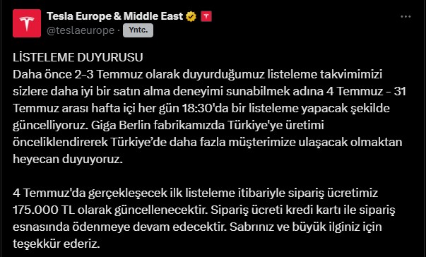 Tesla Model Y siparişleri