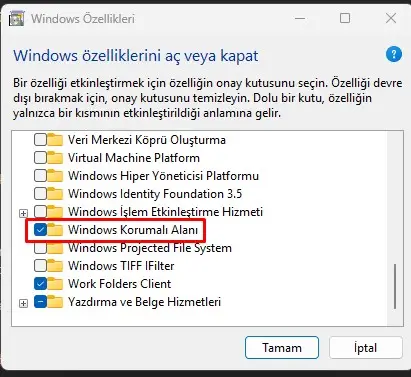 windows korumali alan aktiflestir