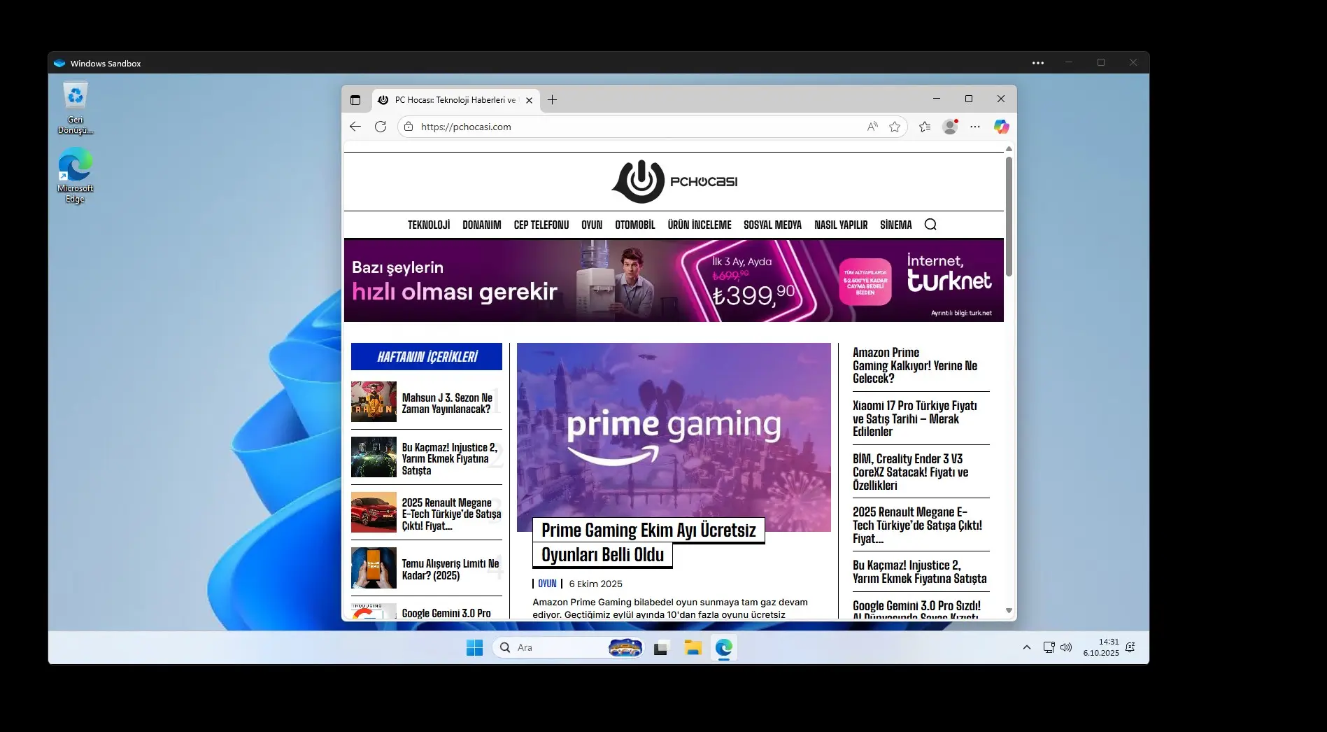 windows sandbox kurulumu
