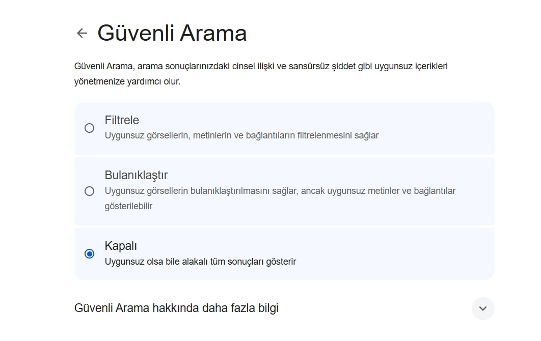 guvenli arama nasil kapatilir